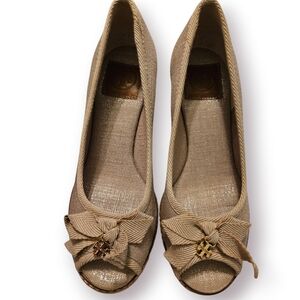 Tory Burch Taupe Linen Peep-Toe Flats with Bow and Logo Charm